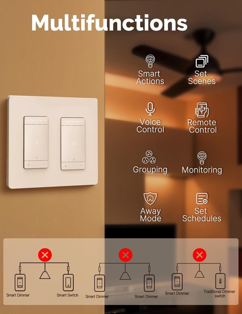 MOES 3 Way Smart Star Ring Dimmer Switch, 2.4GHz WiFi Dimmable Light Switch,Neutral Wire Required, Smart Life APP Remote Control, Works with Alexa & Google Assistant, Timer & Schedule White 2 Gang - Image 2